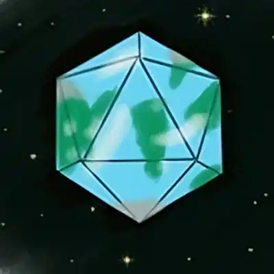 A cartoonish depiction of an Earthlike planet shaped like an icosahedron on a starscape